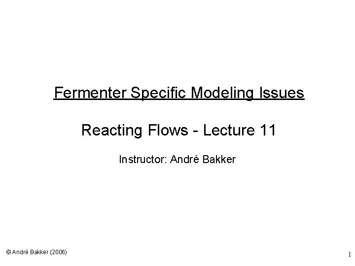 Fermenter Specific Modeling Issues Reacting Flows - Lecture 11 Instructor: André Bakker © André