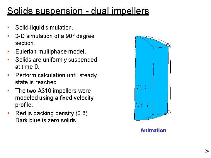 Solids suspension - dual impellers • Solid-liquid simulation. • 3 -D simulation of a