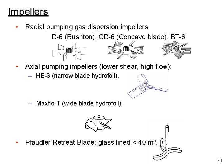 Impellers • Radial pumping gas dispersion impellers: D-6 (Rushton), CD-6 (Concave blade), BT-6. •