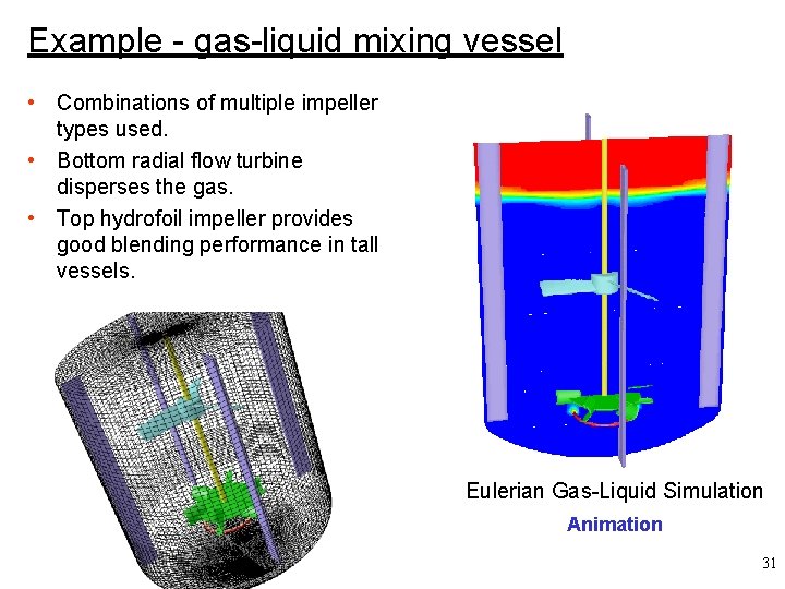 Example - gas-liquid mixing vessel • Combinations of multiple impeller types used. • Bottom