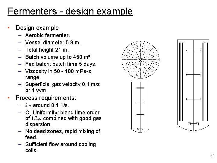 Fermenters - design example • Design example: – – – Aerobic fermenter. Vessel diameter