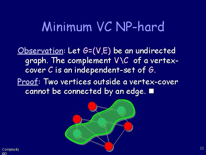 Minimum VC NP-hard Observation: Let G=(V, E) be an undirected graph. The complement VC