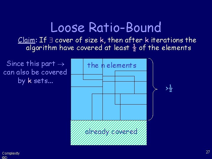 Loose Ratio-Bound Claim: If cover of size k, then after k iterations the algorithm
