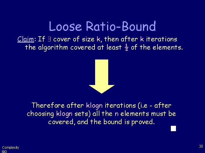 Loose Ratio-Bound Claim: If cover of size k, then after k iterations the algorithm