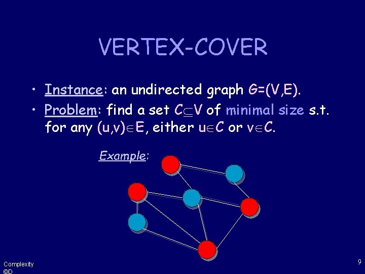 VERTEX-COVER • Instance: an undirected graph G=(V, E). • Problem: find a set C