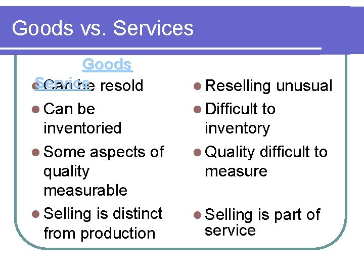 Goods vs. Services Goods Goods l Reselling unusual l. Service Can be resold l