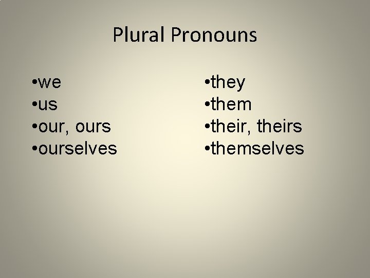 Plural Pronouns • we • us • our, ours • ourselves • they •
