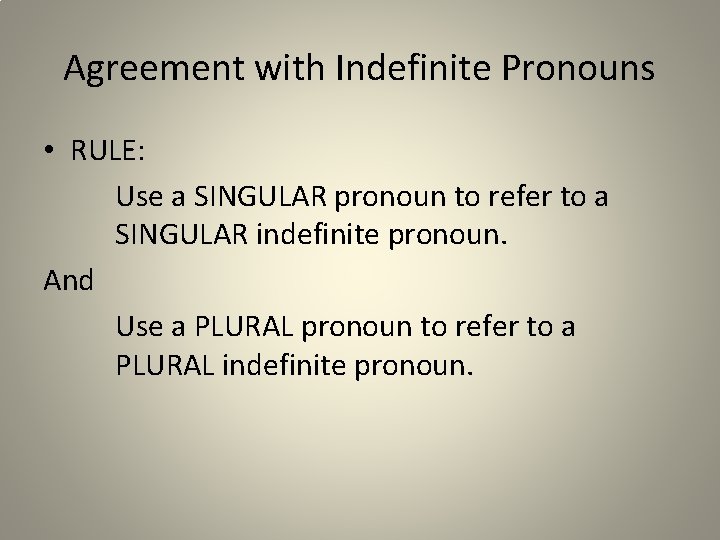 Agreement with Indefinite Pronouns • RULE: Use a SINGULAR pronoun to refer to a