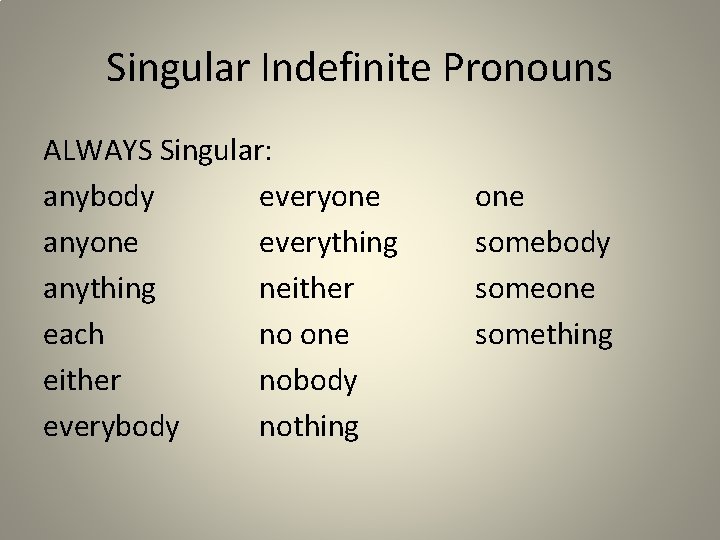 Singular Indefinite Pronouns ALWAYS Singular: anybody everyone anyone everything anything neither each no one