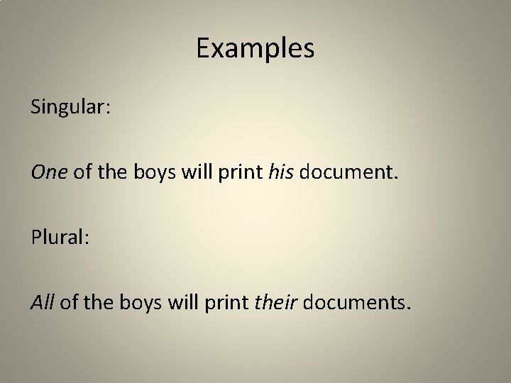 Examples Singular: One of the boys will print his document. Plural: All of the