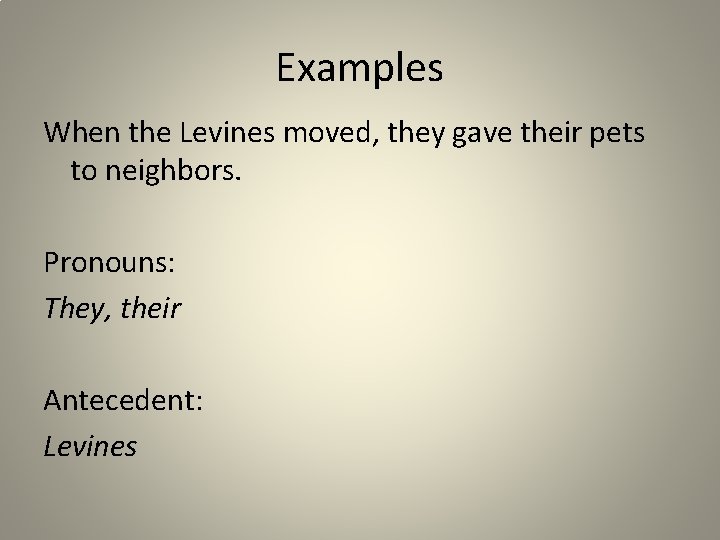 Examples When the Levines moved, they gave their pets to neighbors. Pronouns: They, their