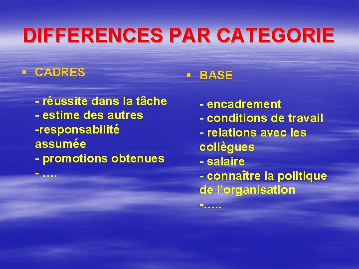 DIFFERENCES PAR CATEGORIE § CADRES - réussite dans la tâche - estime des autres