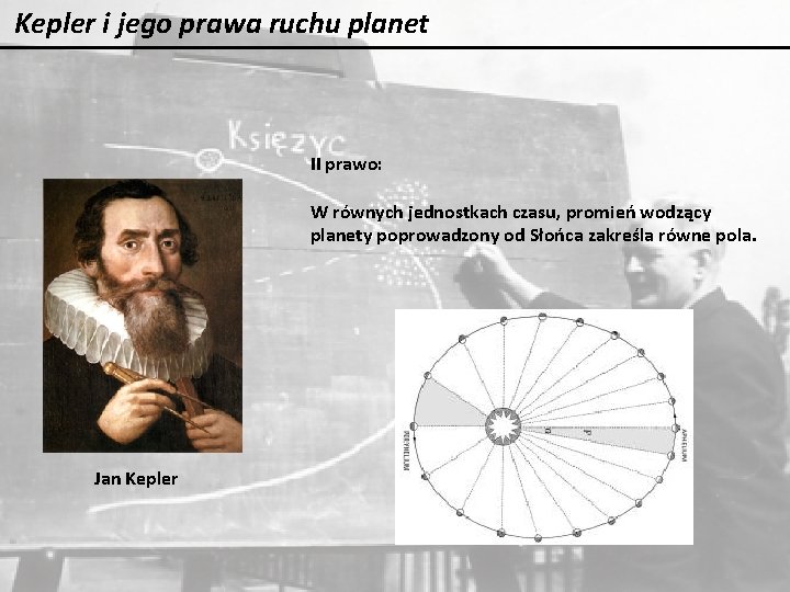 Kepler i jego prawa ruchu planet II prawo: W równych jednostkach czasu, promień wodzący Kepler i jego prawa ruchu planet II prawo: W równych jednostkach czasu, promień wodzący