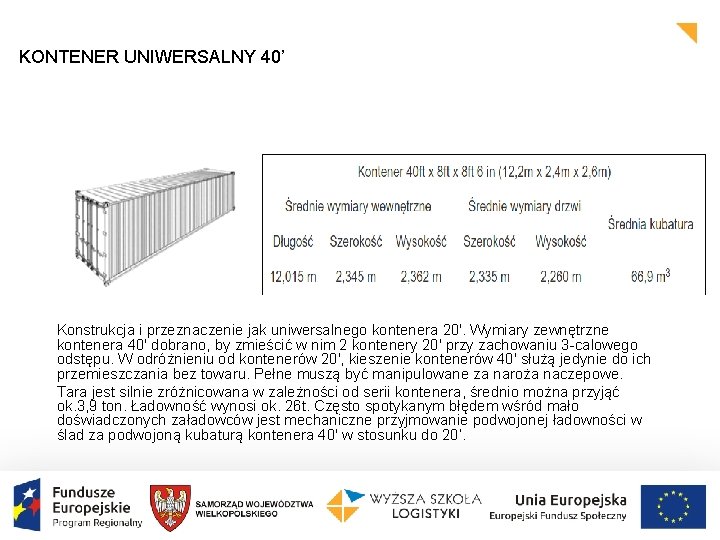 KONTENER UNIWERSALNY 40’ Konstrukcja i przeznaczenie jak uniwersalnego kontenera 20'. Wymiary zewnętrzne kontenera 40'