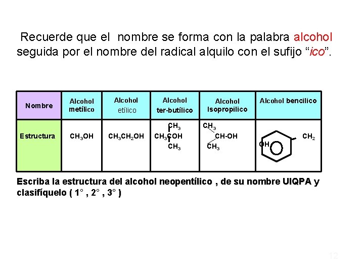  Recuerde que el nombre se forma con la palabra alcohol seguida por el