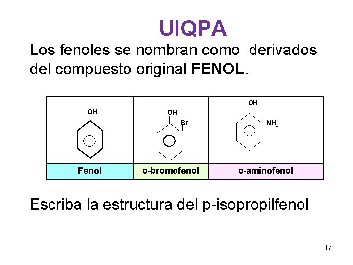 UIQPA Los fenoles se nombran como derivados del compuesto original FENOL. OH Br Fenol