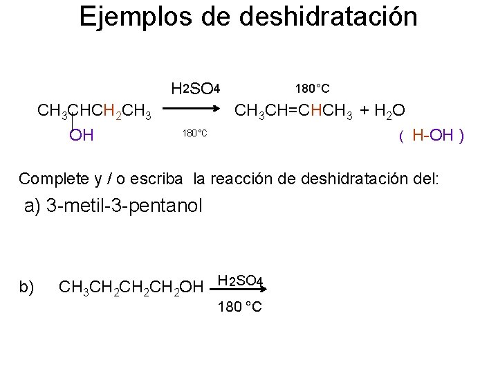 Ejemplos de deshidratación H 2 SO 4 180°C CH 3 CHCH 2 CH 3