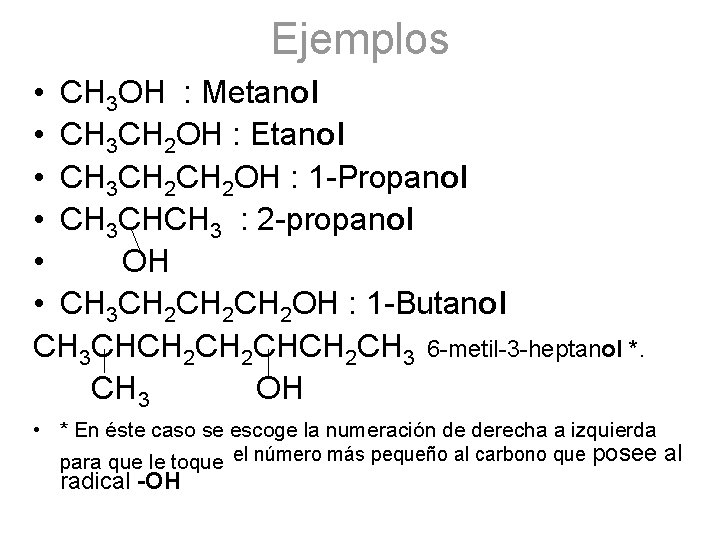 Ejemplos • CH 3 OH : Metanol • CH 3 CH 2 OH :
