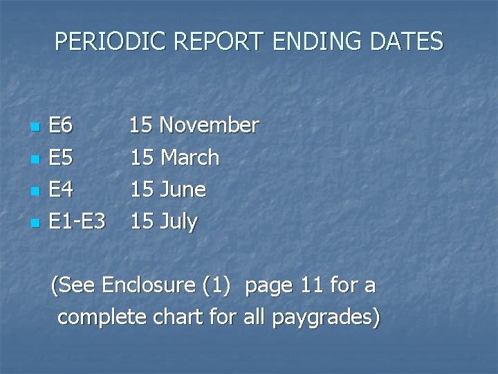 PERIODIC REPORT ENDING DATES n n E 6 15 November E 5 15 March