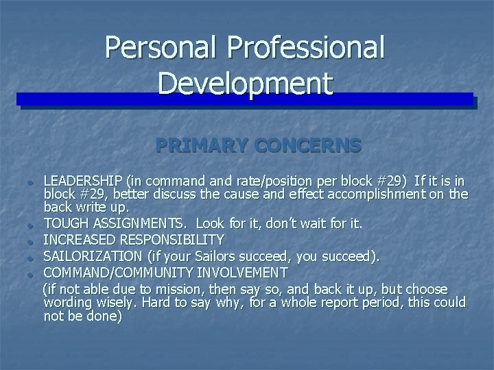 Personal Professional Development PRIMARY CONCERNS = = = LEADERSHIP (in command rate/position per block