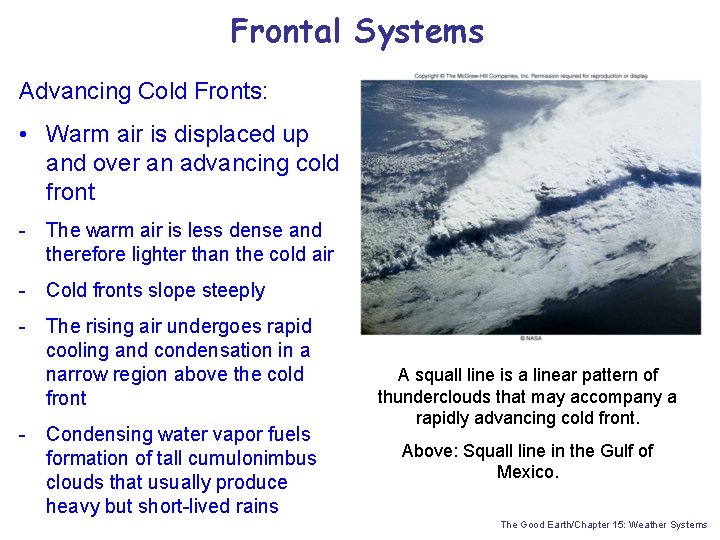 Frontal Systems Advancing Cold Fronts: • Warm air is displaced up and over an