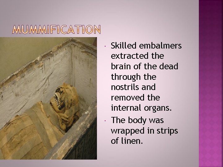  Skilled embalmers extracted the brain of the dead through the nostrils and removed