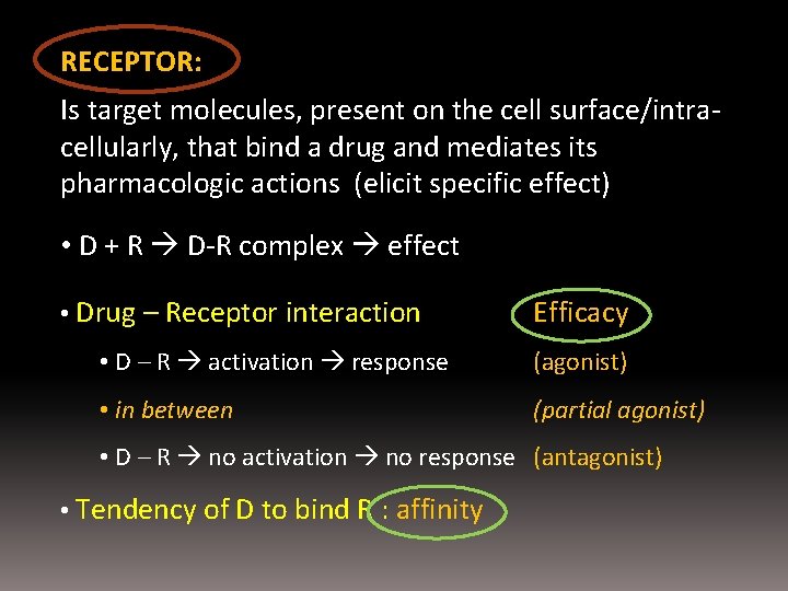 RECEPTOR: Is target molecules, present on the cell surface/intracellularly, that bind a drug and