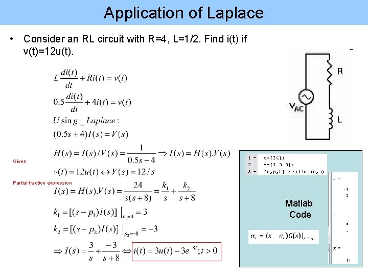 Application of Laplace • Consider an RL circuit with R=4, L=1/2. Find i(t) if