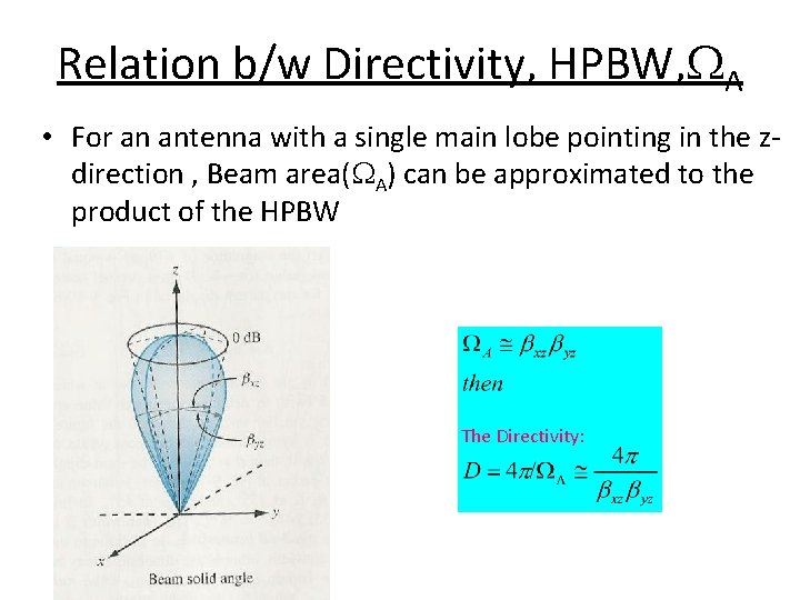 Relation b/w Directivity, HPBW, WA • For an antenna with a single main lobe