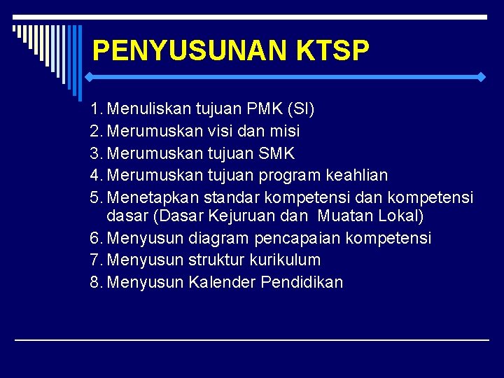 PENYUSUNAN KTSP 1. Menuliskan tujuan PMK (SI) 2. Merumuskan visi dan misi 3. Merumuskan