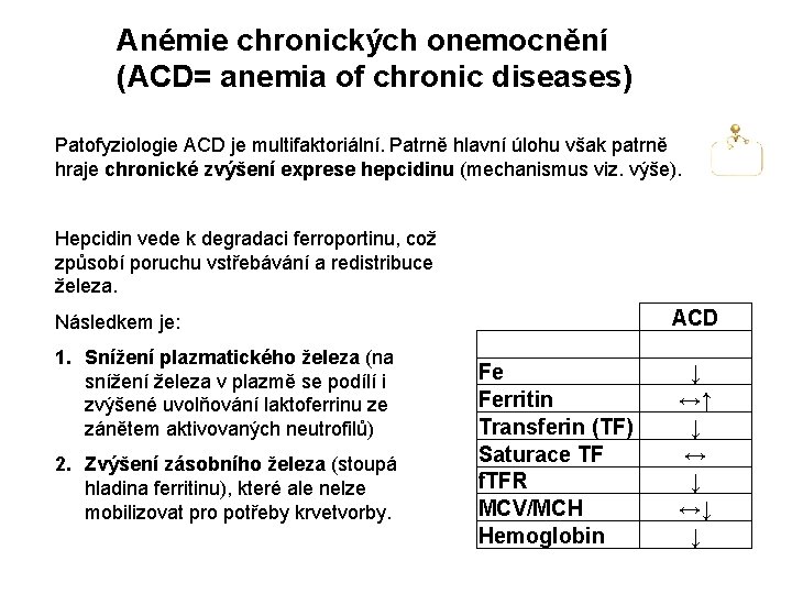 Anémie chronických onemocnění (ACD= anemia of chronic diseases) Patofyziologie ACD je multifaktoriální. Patrně hlavní