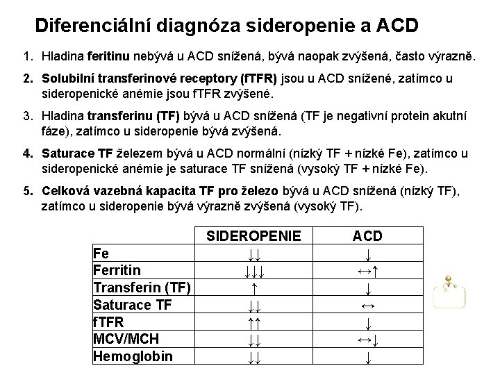 Diferenciální diagnóza sideropenie a ACD 1. Hladina feritinu nebývá u ACD snížená, bývá naopak