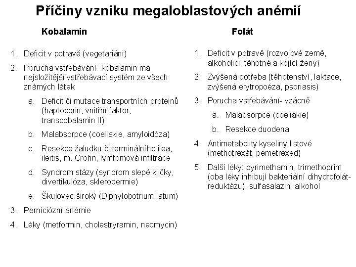Příčiny vzniku megaloblastových anémií Kobalamin 1. Deficit v potravě (vegetariáni) 2. Porucha vstřebávání- kobalamin