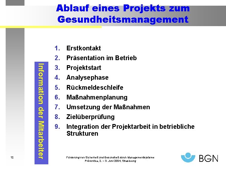 Ablauf eines Projekts zum Gesundheitsmanagement 1. Erstkontakt 2. Präsentation im Betrieb Information der Mitarbeiter