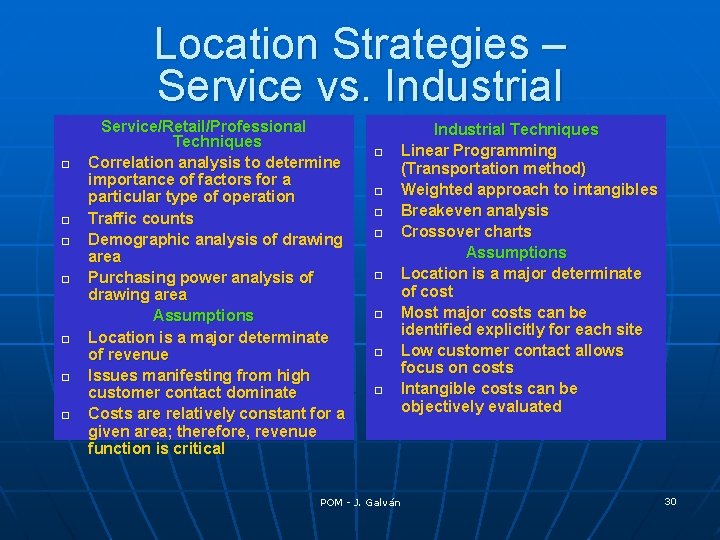 Location Strategies – Service vs. Industrial o o o o Service/Retail/Professional Techniques Correlation analysis