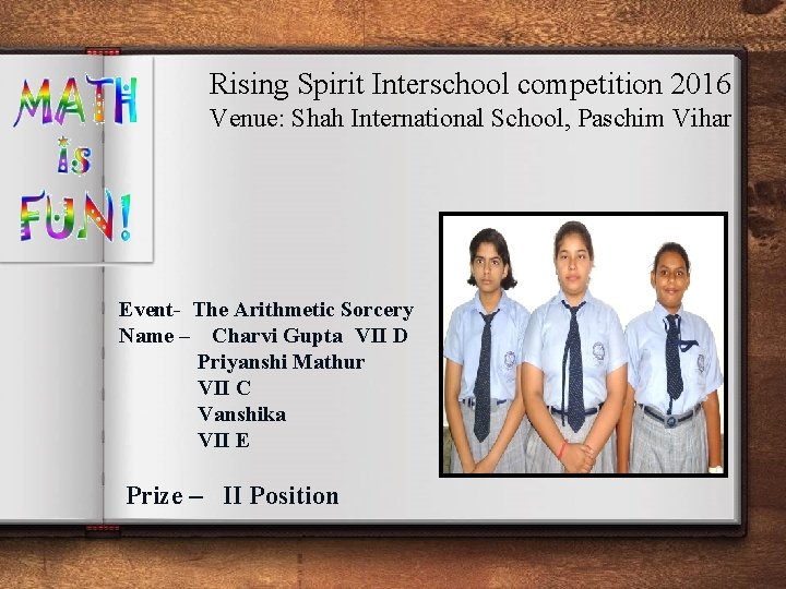 Rising Spirit Interschool competition 2016 Venue: Shah International School, Paschim Vihar Event- The Arithmetic