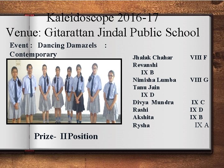 Kaleidoscope 2016 -17 Venue: Gitarattan Jindal Public School Event : Dancing Damazels Contemporary Prize-