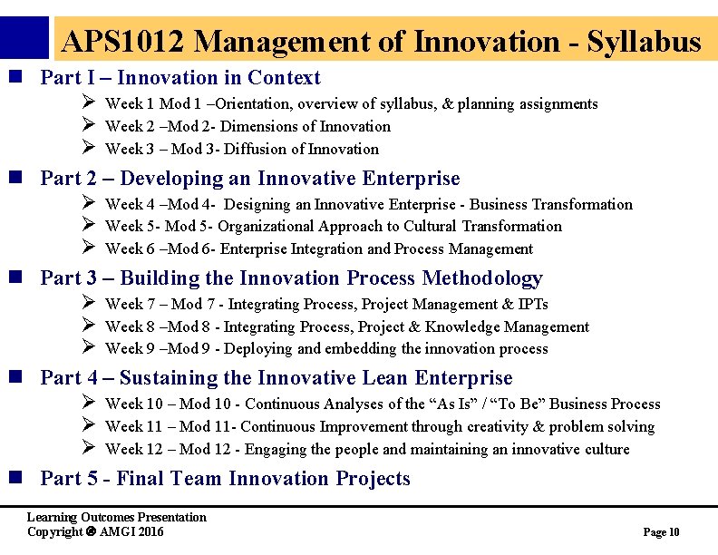  APS 1012 Management of Innovation - Syllabus n Part I – Innovation in