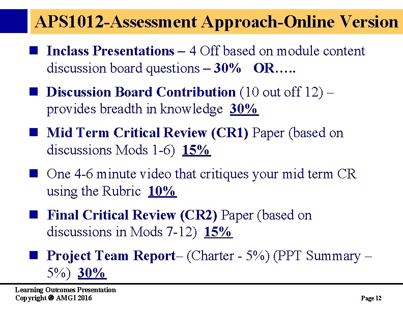 APS 1012 -Assessment Approach-Online Version n Inclass Presentations – 4 Off based on module