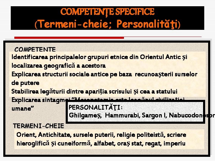 COMPETENŢE SPECIFICE (Termeni-cheie; Personalităţi) COMPETENŢE Identificarea principalelor grupuri etnice din Orientul Antic şi localizarea