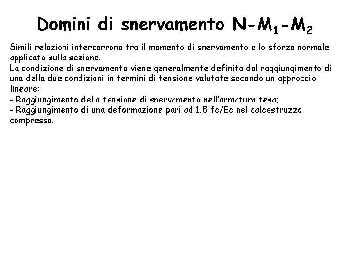 Domini di snervamento N-M 1 -M 2 Simili relazioni intercorrono tra il momento di