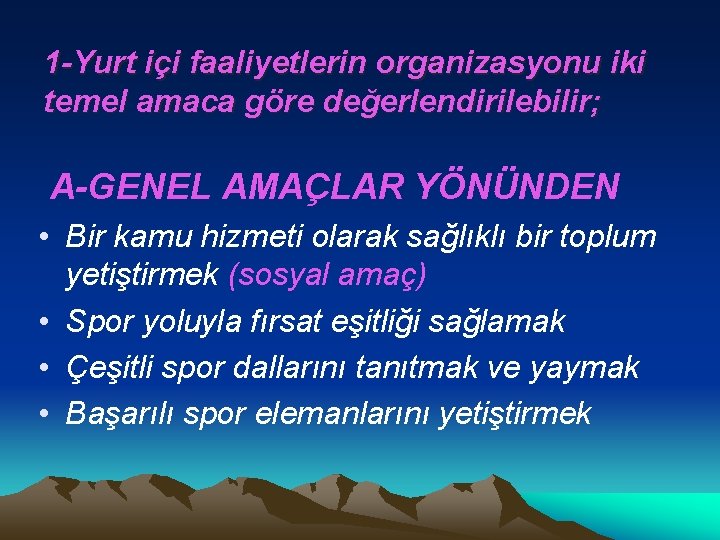 1 -Yurt içi faaliyetlerin organizasyonu iki temel amaca göre değerlendirilebilir; A-GENEL AMAÇLAR YÖNÜNDEN •