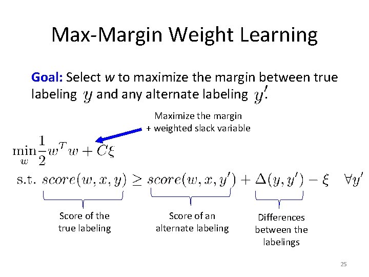 Max-Margin Weight Learning Goal: Select w to maximize the margin between true labeling and