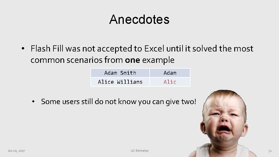 Anecdotes • Flash Fill was not accepted to Excel until it solved the most Anecdotes • Flash Fill was not accepted to Excel until it solved the most