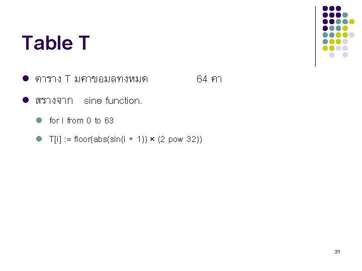 Table T l l ตาราง T มคาขอมลทงหมด สรางจาก sine function. l l 64 คา