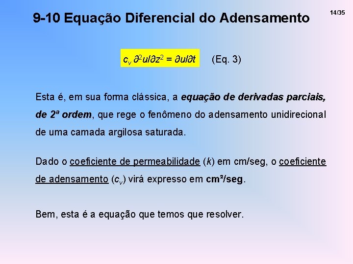 9 -10 Equação Diferencial do Adensamento cv ∂2 u/∂z 2 = ∂u/∂t (Eq. 3)