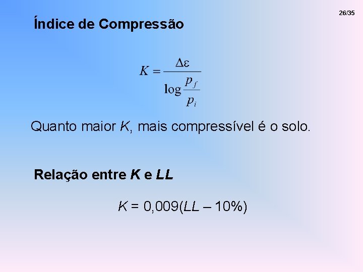 Índice de Compressão Quanto maior K, mais compressível é o solo. Relação entre K