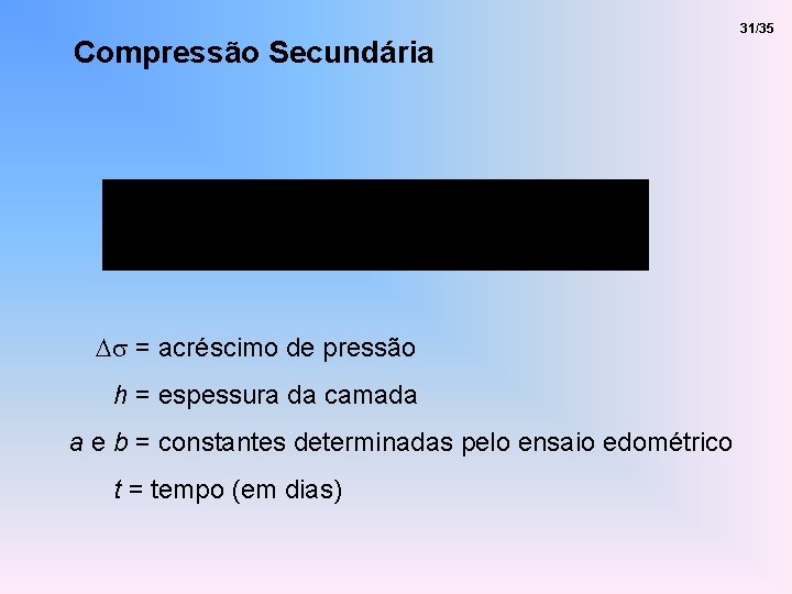 Compressão Secundária Ds = acréscimo de pressão h = espessura da camada a e