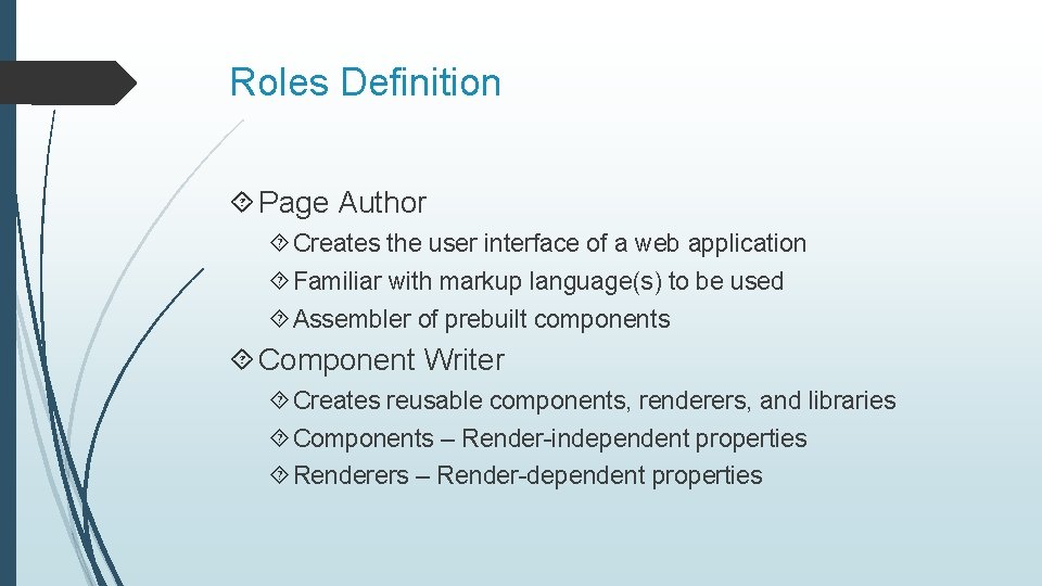 Roles Definition Page Author Creates the user interface of a web application Familiar with