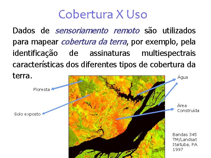 Cobertura X Uso Dados de sensoriamento remoto são utilizados para mapear cobertura da terra,